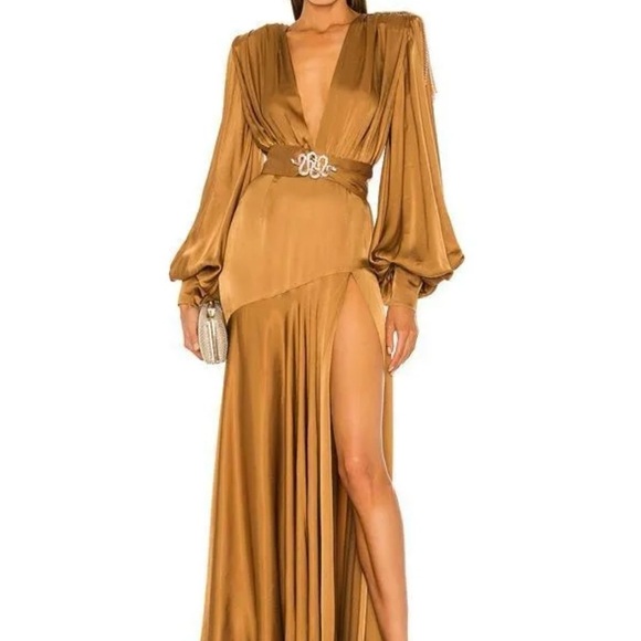 Elegant Lantern Sleeve V-Neck Slit Gold Maxi Dress - Picture 1 of 4